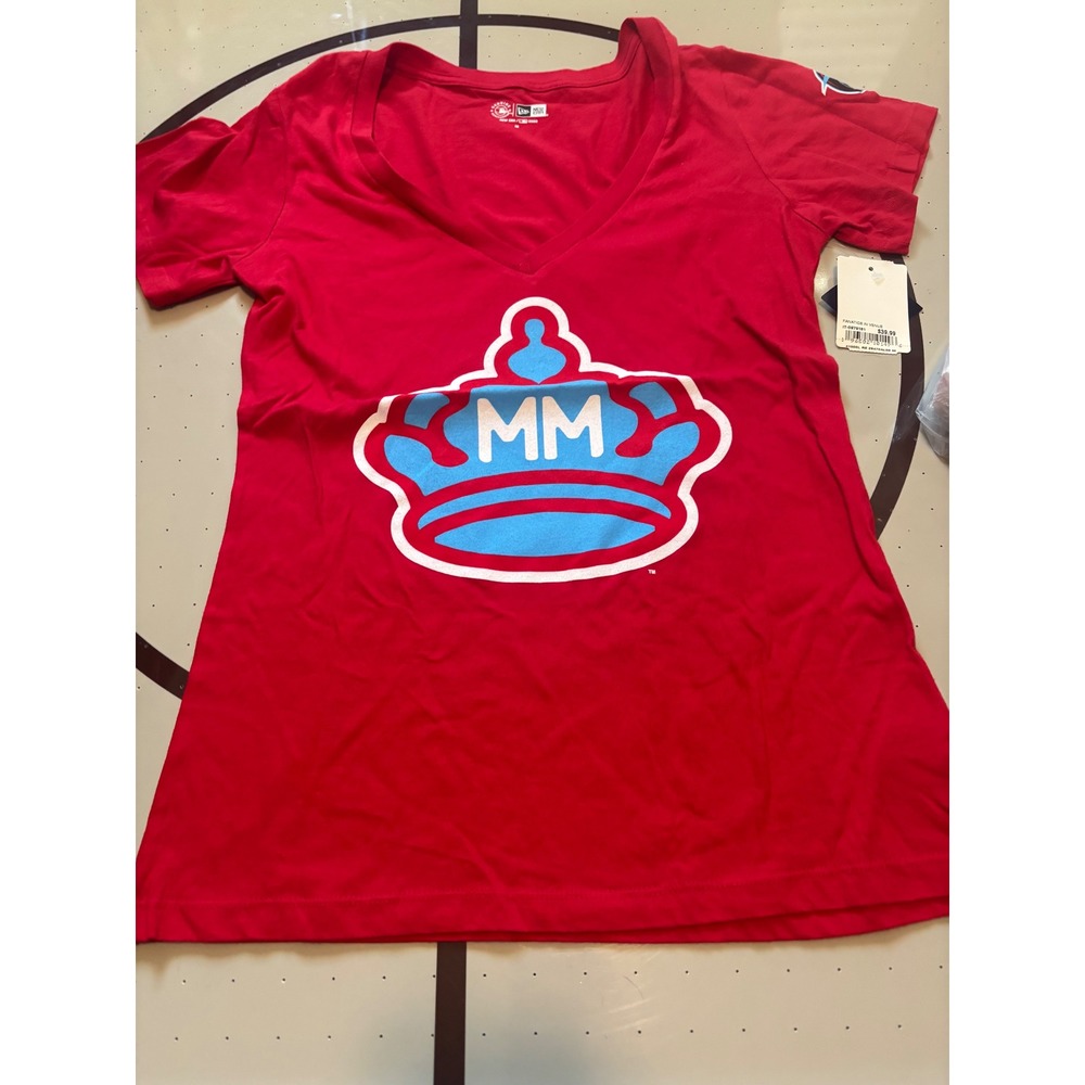 New Era MLB Miami Marlins Womens V-Neck T-Shirt Red Blue Crown MM Logo 41000L M